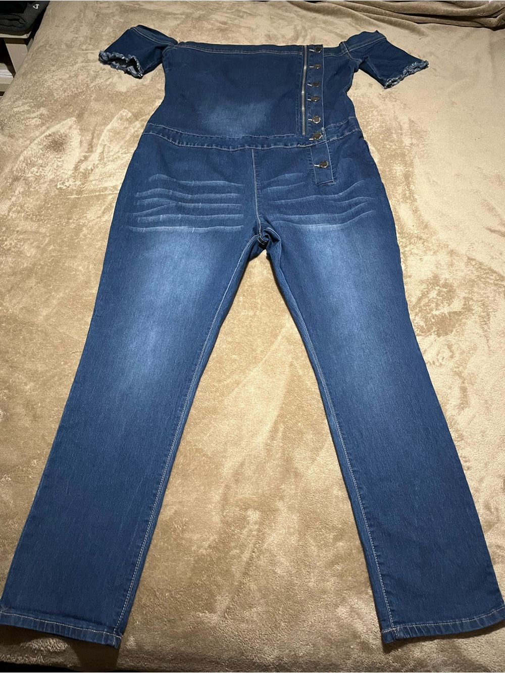 Off-Shoulder Dark Blue Women's Denim Jumpsuit-Size XXX
